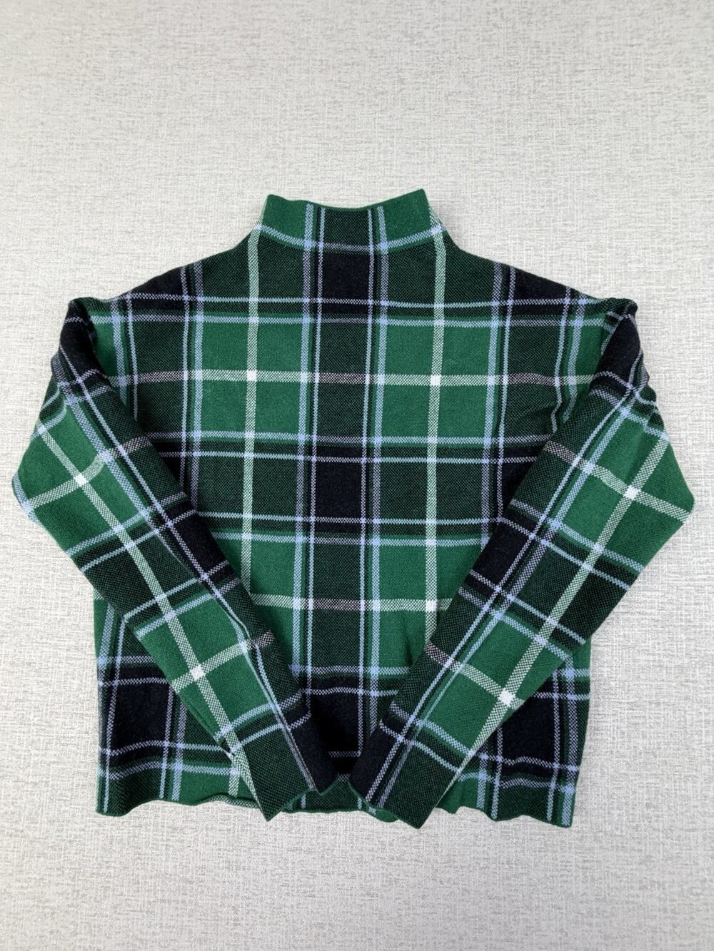 Tahari Women’s XS Green Black Plaid Mock Neck Pullover Sweater Long Sleeve